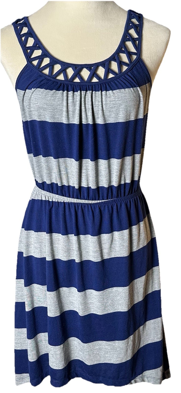 Tank Dress Womens Small Blue Gray Stripe Elastic Waist Asymmetric Stretch Casul