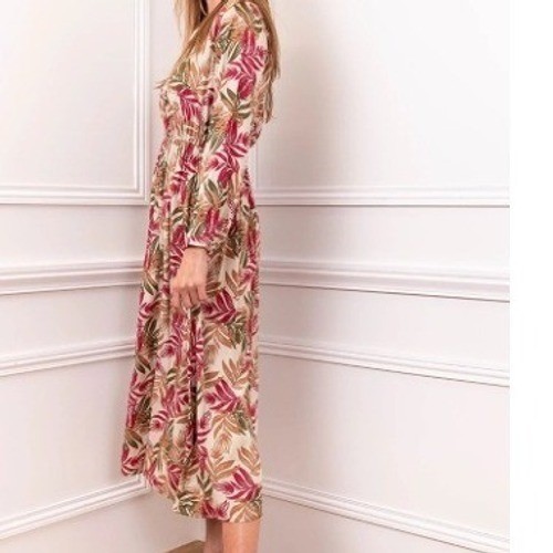 Parisian NWT Tropical Leaf Maxi Dress S 100% Cotton Pink Green Long Slv $158