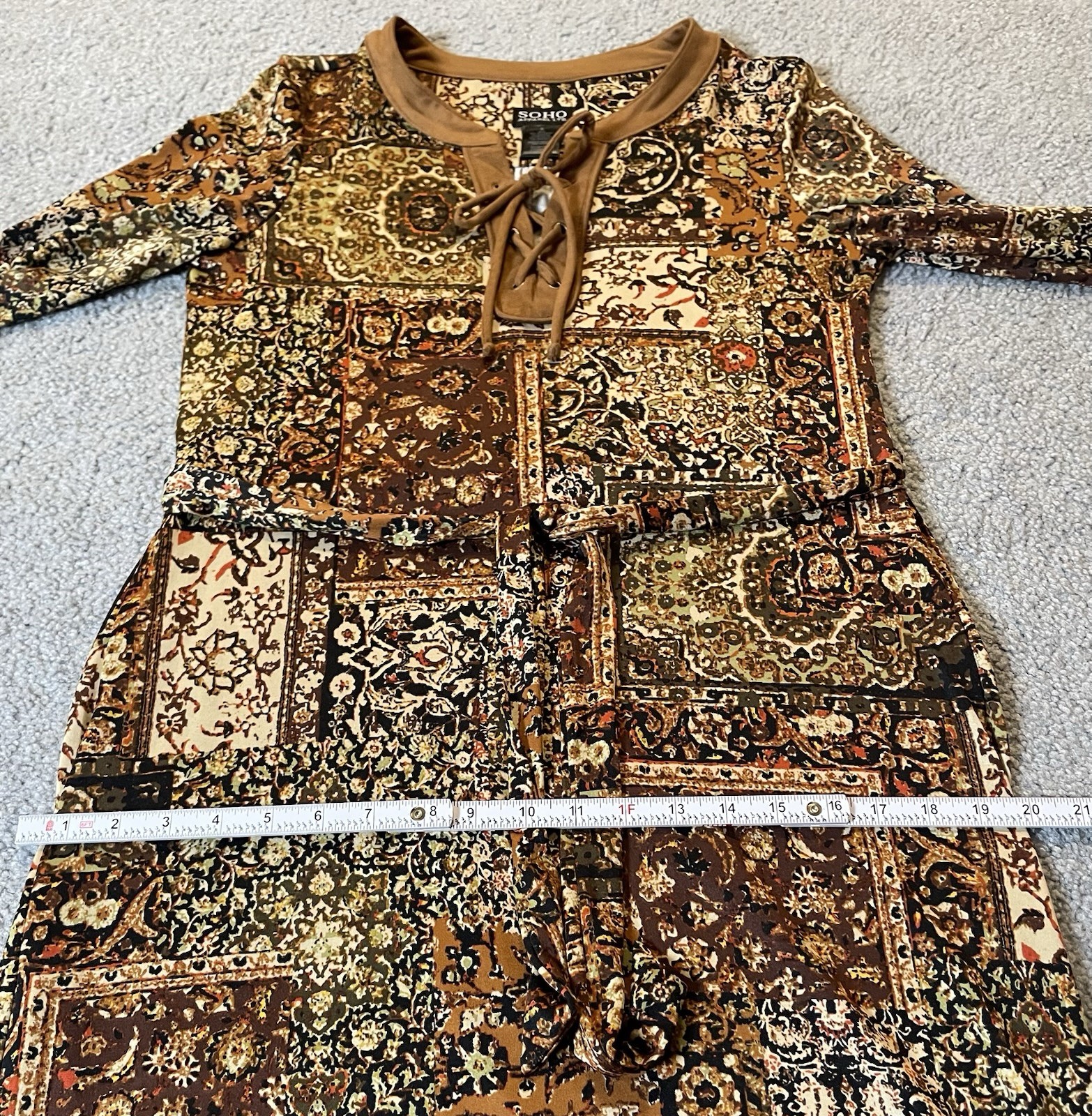Soho Apparel Ltd Floral Dress S Belted Brown Ivory Front Tie Boho Classic City