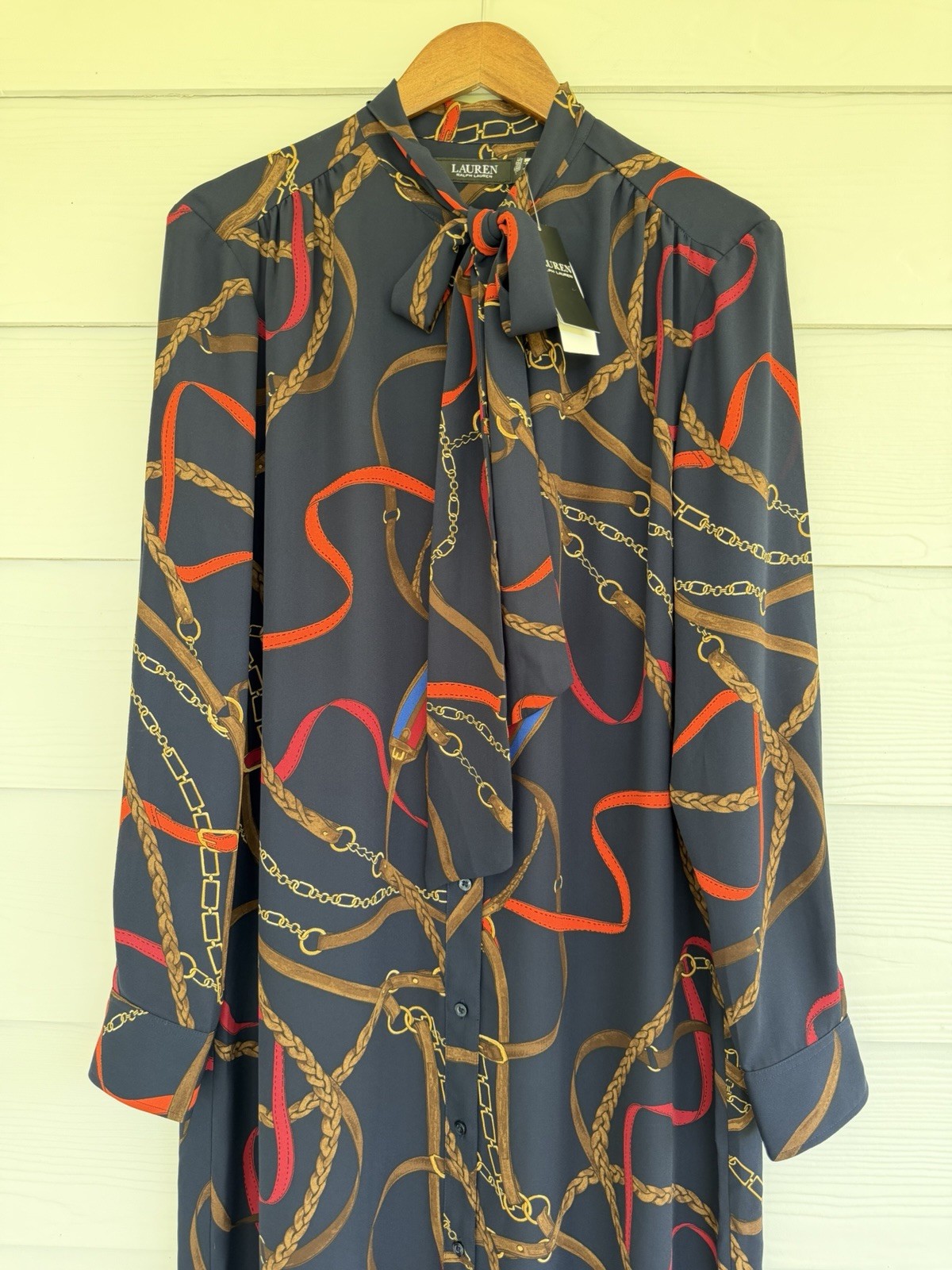 Ralph Lauren Georgette Equestrian Chain Print Tie Neck Midi Dress Navy 14 NWT