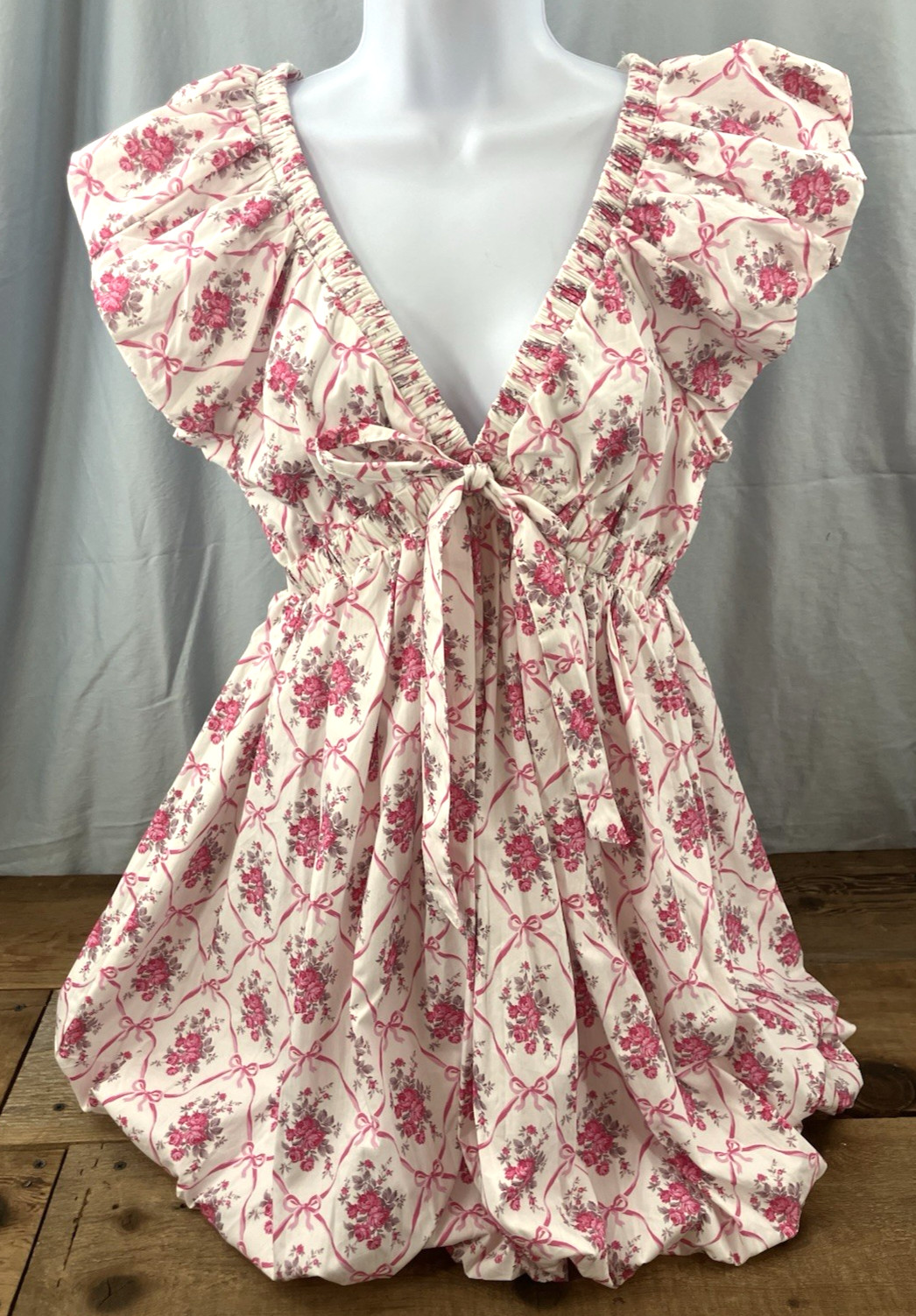 Peach Love Pink Floral and Bows Babydoll Bubble Dress – Medium Adorable