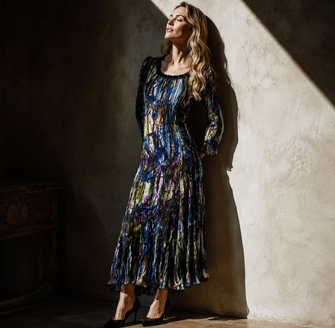 NWT Alberto Makali Pleated Midi Dress M Blue Green Abstract Beaded Velvet Trim