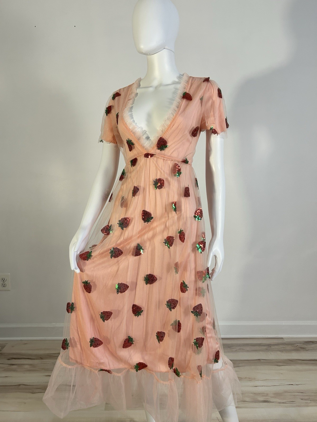 M Strawberry Tulle Dress Womens Pink Sequin Mesh Short Sleeve V Neck Maxi 2026