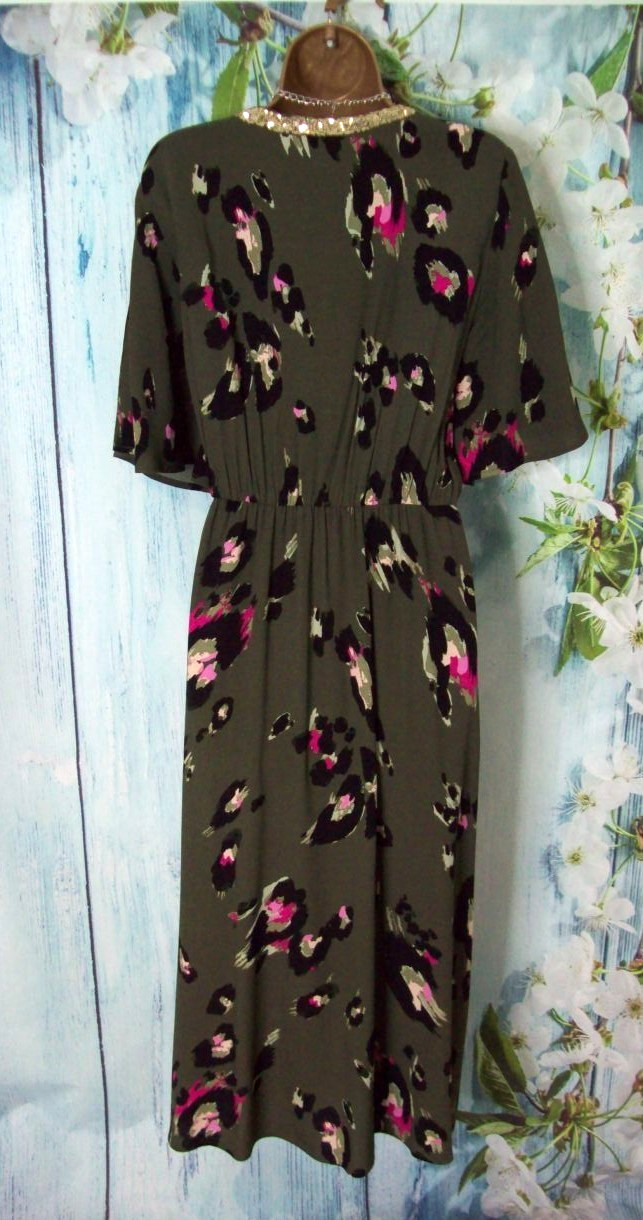 Next Love & Roses Khaki Green Animal Sequin Angel Sleeve Midi Dress Size 14