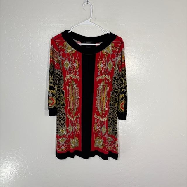 Eva Varro Shift Dress Womens Medium Large Red Baroque Scarf Print 3/4 Sleeve