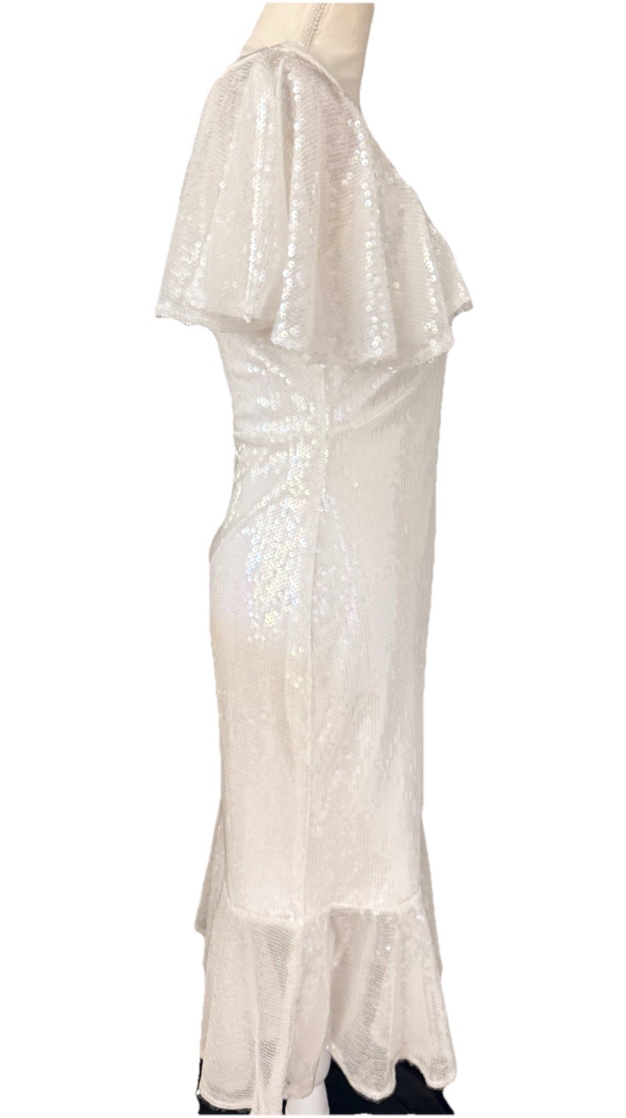 New W/Tags Lulus Iridescent Sequin Midi Dress Ruffle Neckline Sleeves Sz M