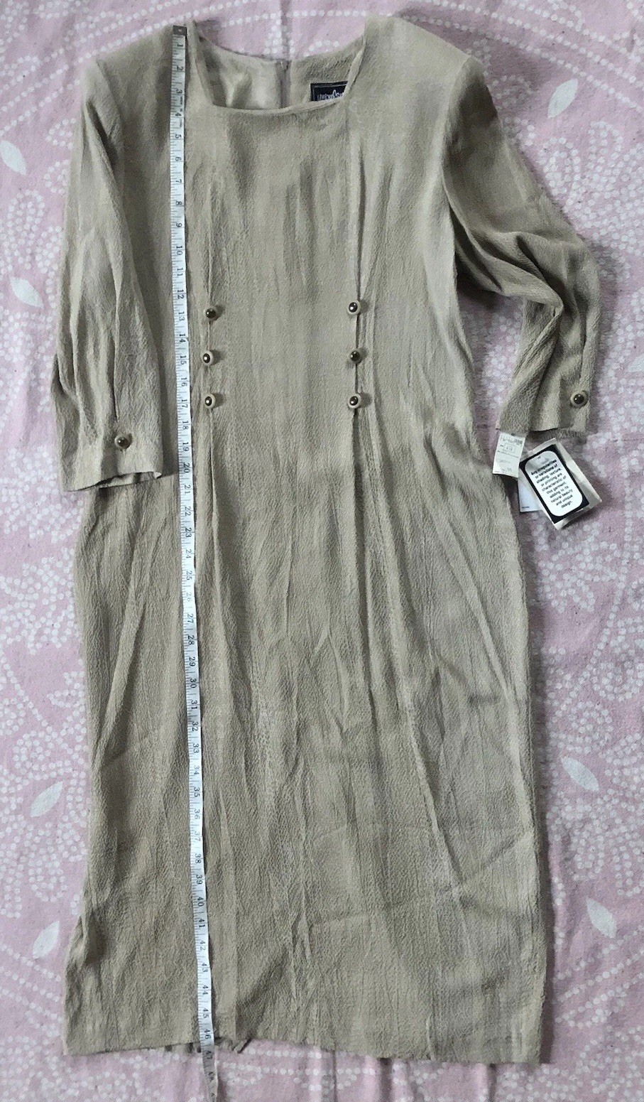 Vtg Impulsive Sand Beige Crepe Long Slv Dress Buttons Shoulder Pads Lux Coastal
