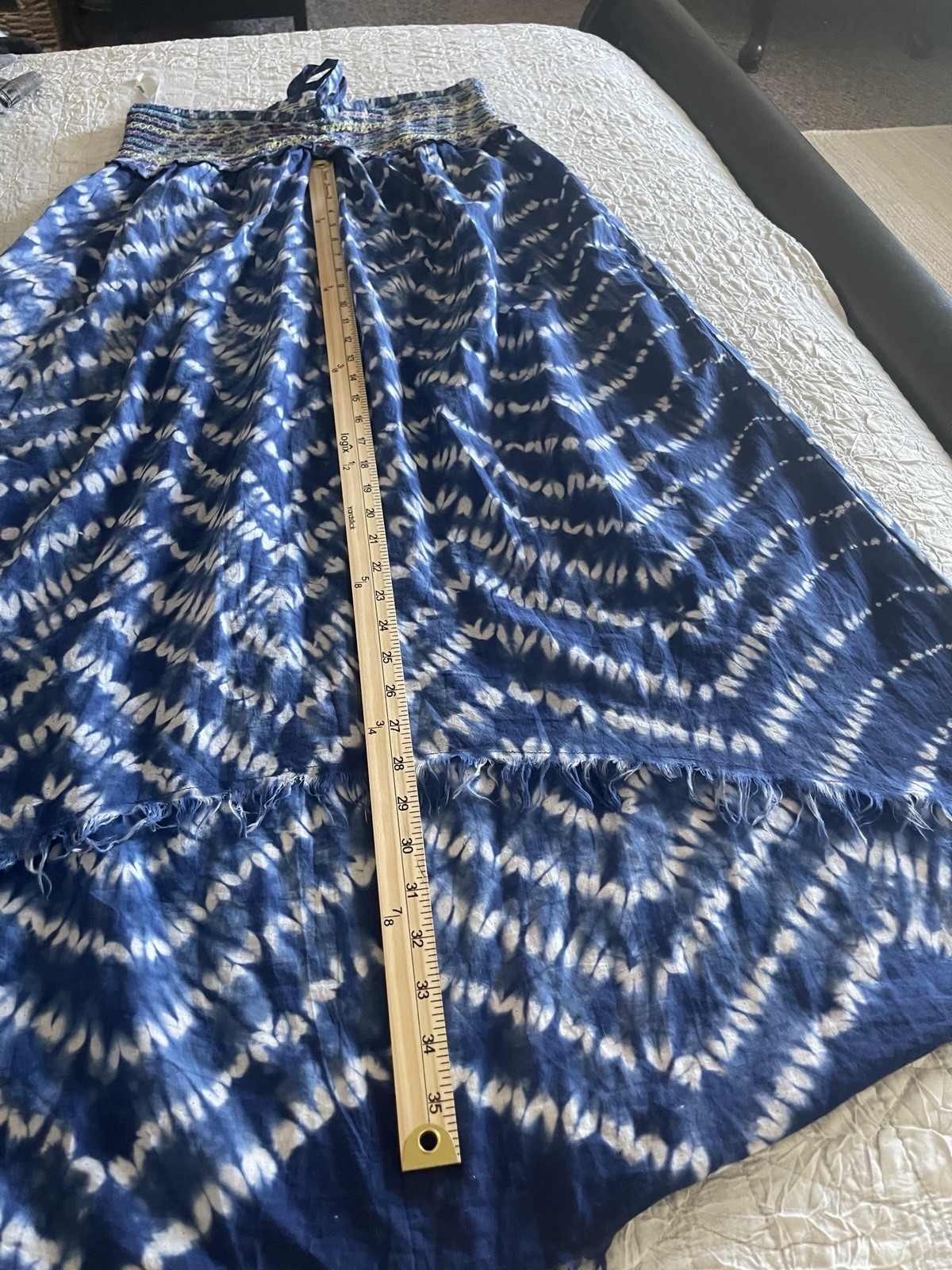 Blue Island One Size Blue/White Tie Dye Midi Sundress Smocked Beaded Fringe