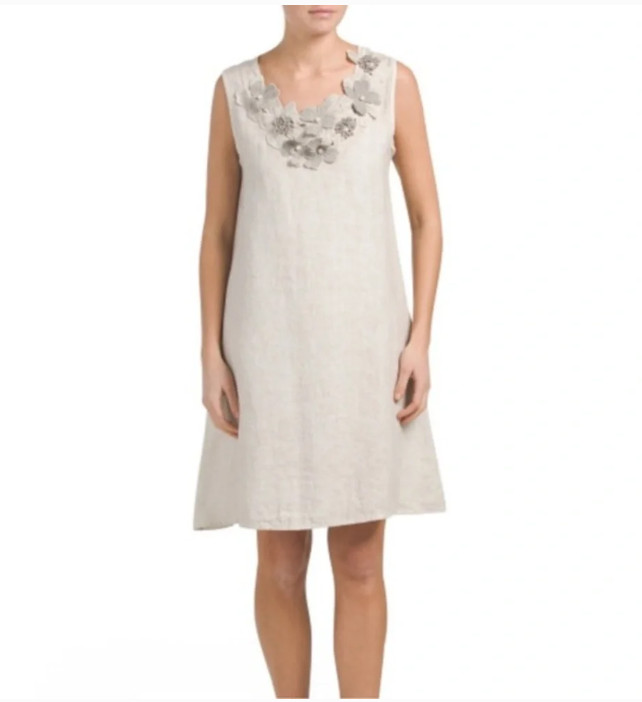 ROSEMARINE Italy Beige Linen A-Line Dress Pearl Flower Applique Sleeveles Size M