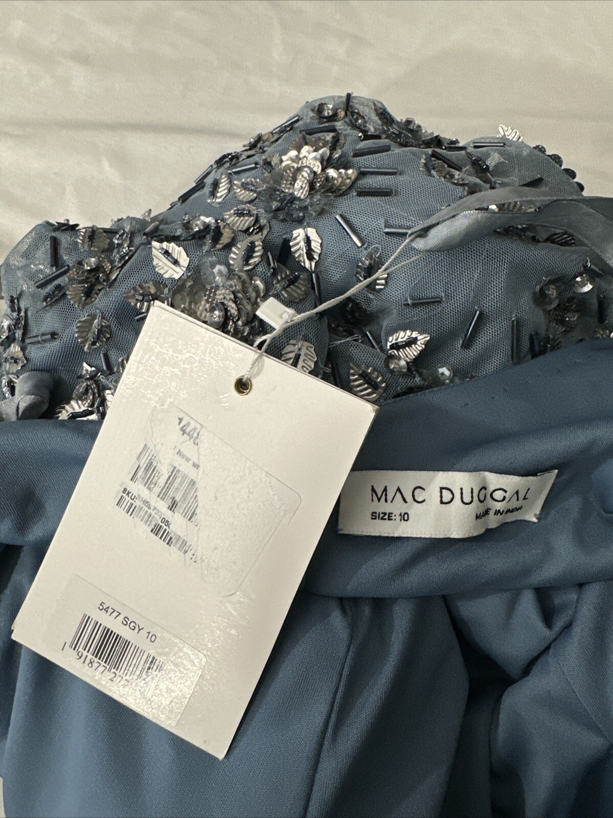 NWT Mac Duggal [ 10 ] 5477 Floral Embellished Scoop Neck Gown Slate Blue #S1601