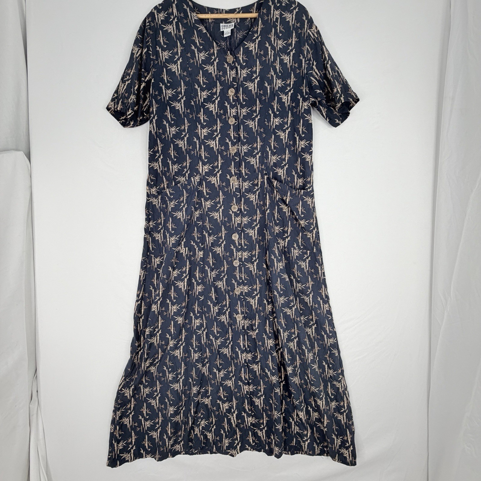 Chico’s vintage Short sleeve maxi Shirt Dress bamboo print 100% silk Navy SZ-1