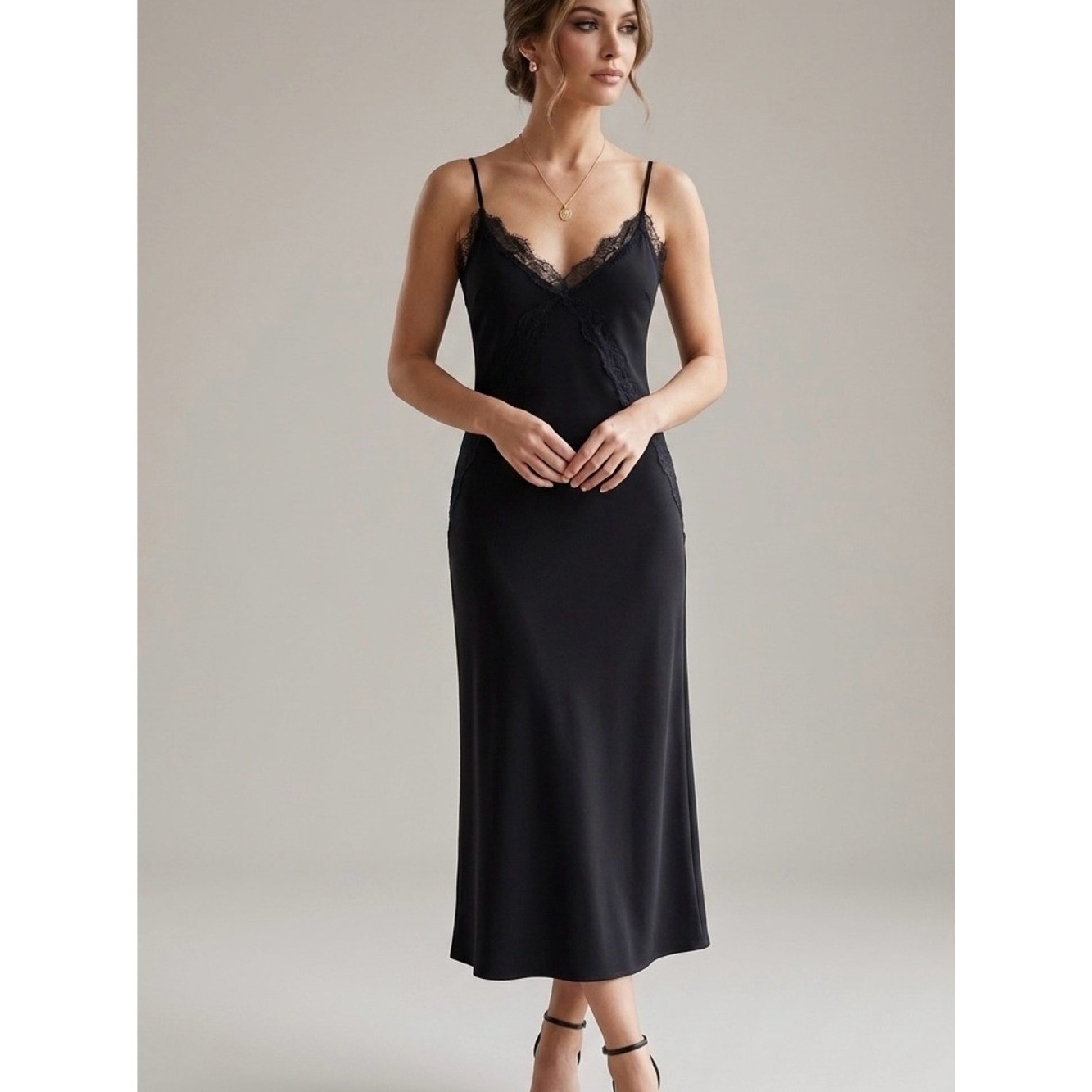 MNG black solid lace insert detail line slip midi dress size 2