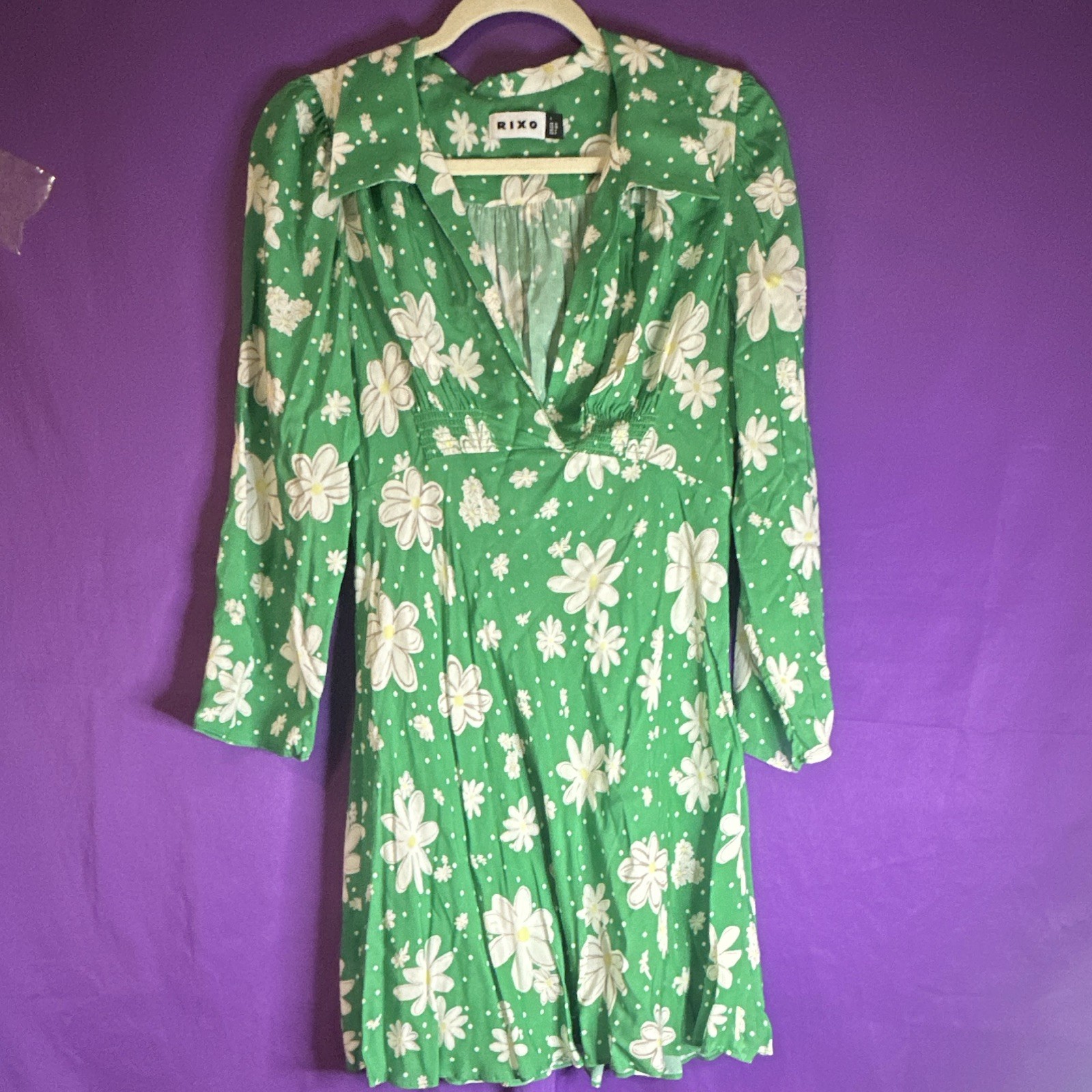 RIXO Green/White Floral Rayon V-Neck Long Sleeve Mini Dress Womens 6