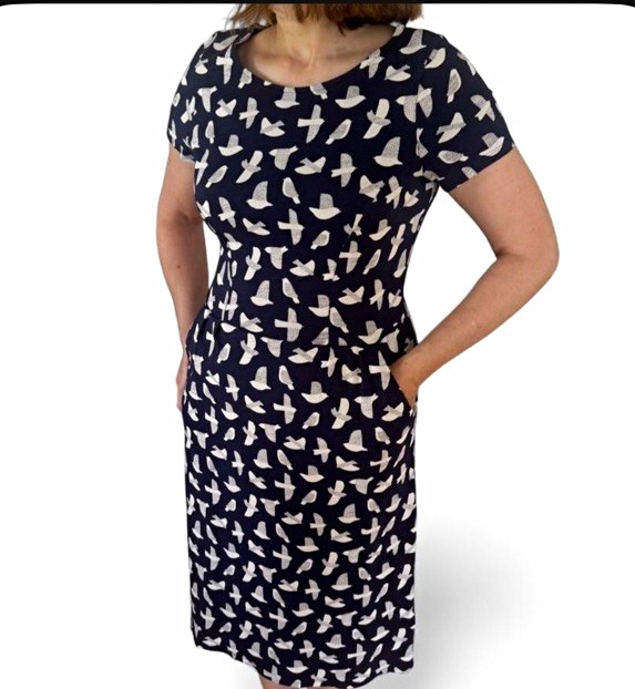 Boden Navy/White Bird Print Round Neck Short Sleeve Midi Dress Tall UK 12L US 8L