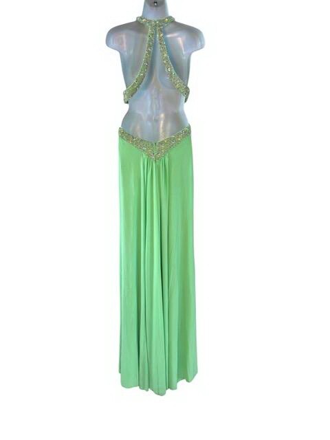 Mint Green Beaded Sequin Rhinestone Keyhole Cut Out Open Back Gown Size 4 $279