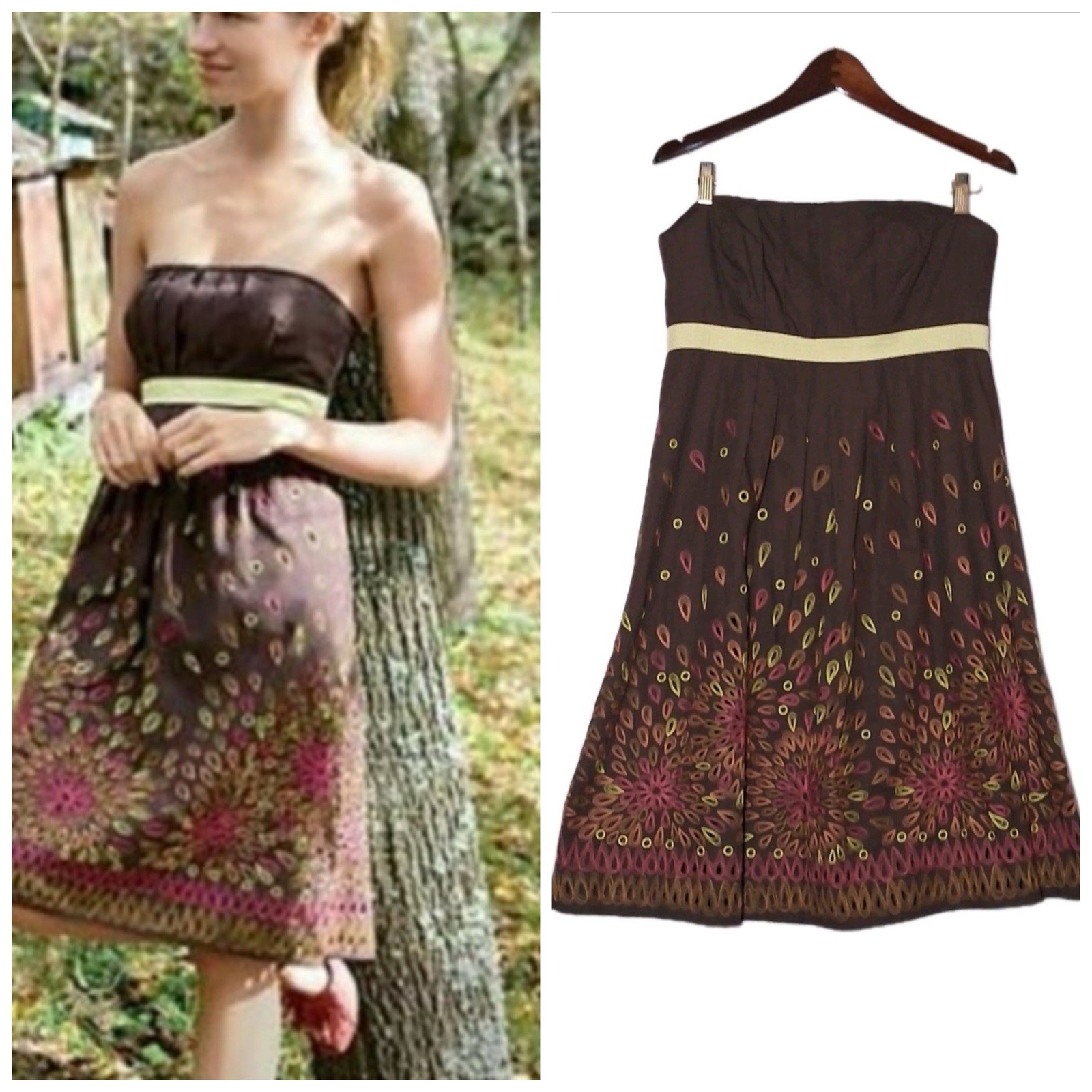 Anthropologie Tabitha Women Strapless Dress Size 12 Brown Honey House Eyelet NWT