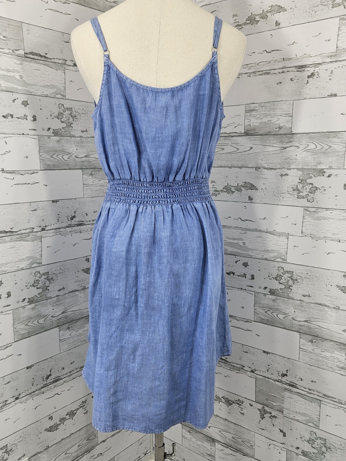 Bella Dahl Belted Smocked Back Linen Dress Womens Medium Blue