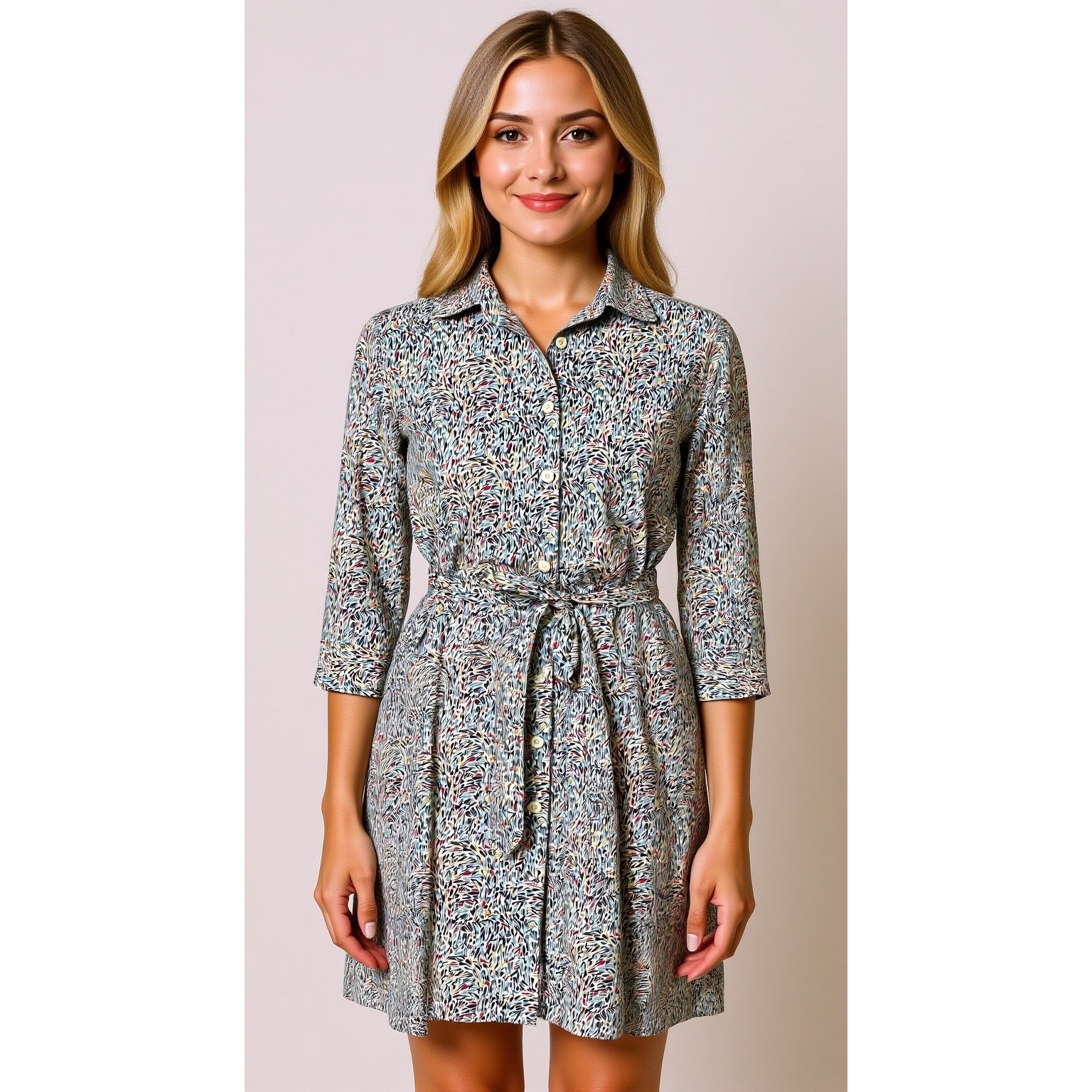 0039 Italy NWOT Multicolor Belted Shirt Dress Sz S Designer Brunch Preppy Money