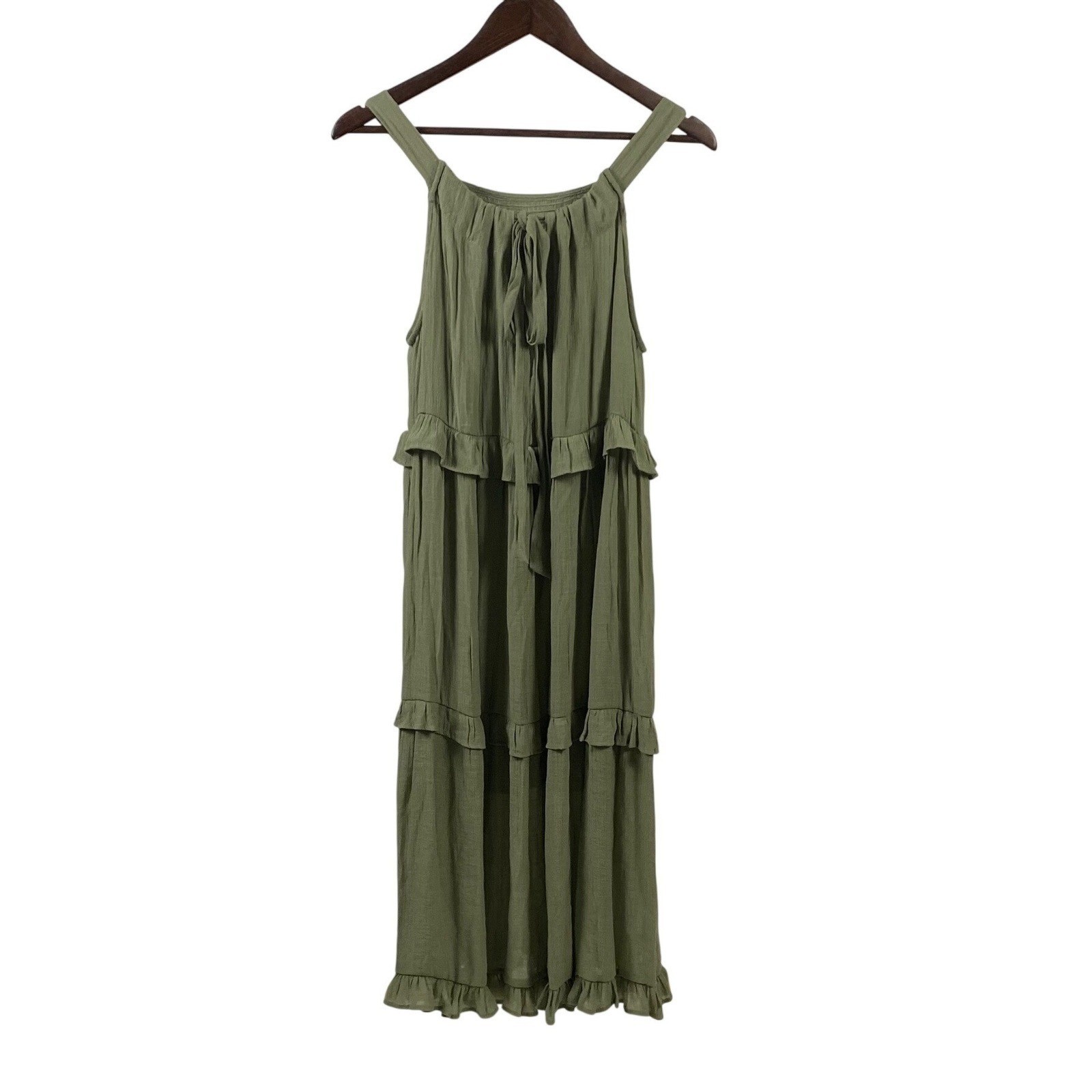 Blu Pepper Women’s Olive Green Tiered Ruffle Midi Dress Size Large Boho Coastal