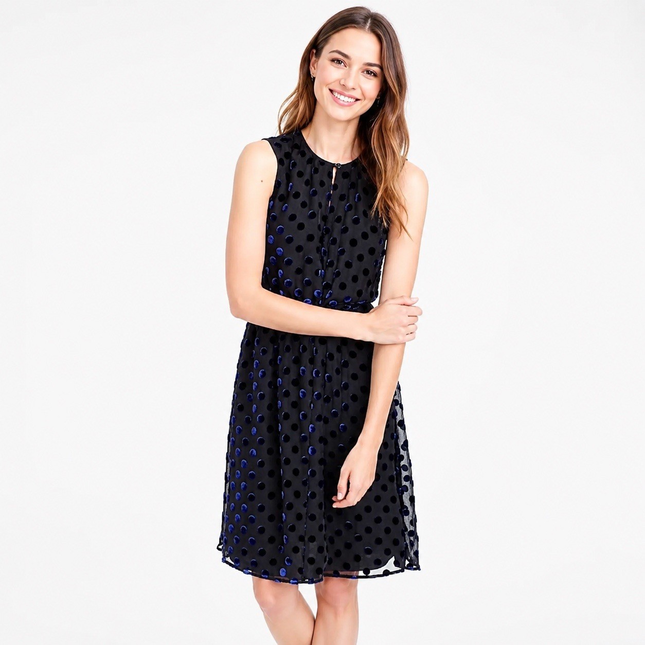 J.Crew Silk Blend Navy Blue Velvet Polka Dot Sleeveless Dress Size M