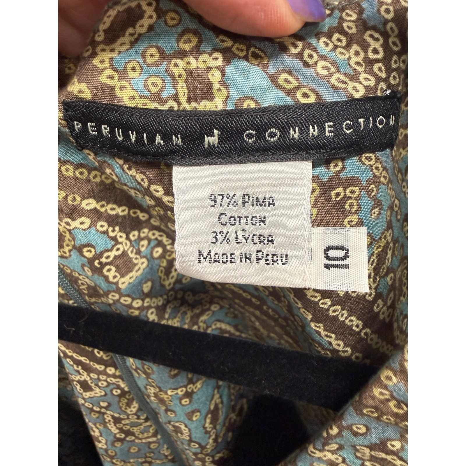 Peruvian Connection Pima Cotton Lycra Batik Medallion Print Midi Dress Blue 10