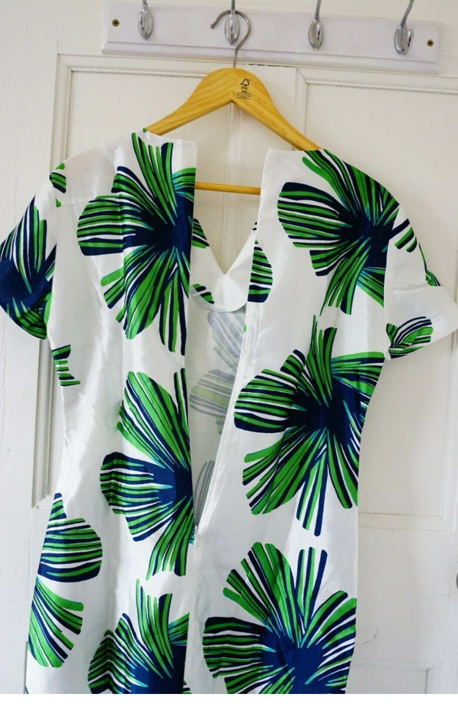 Green Palm Leaves White Print Mini Dress Elegant Women Short Skirt M S 8 10