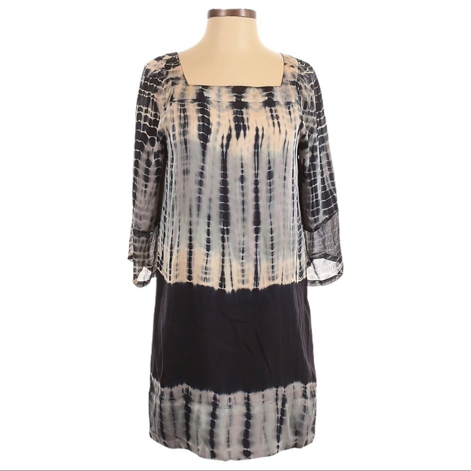 Gypsy 05 Anthropologie Silk Tie Dye Boho Shift Dress XS Square Neck Long Sleeve