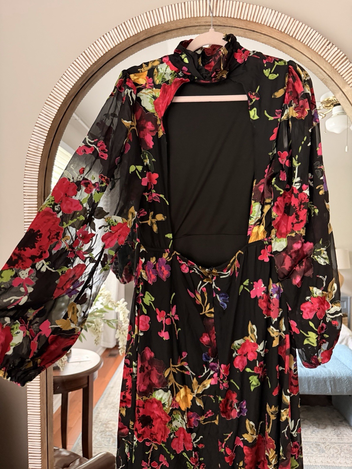 Lulus Floral Backless Maxi Dress L Mock Neck Long Sleeve Wedding Guest Formal