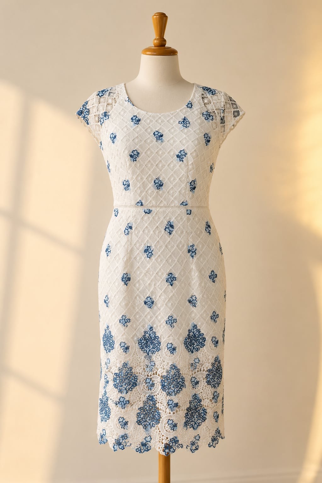 Elisa Landri Ivory Blue Embroidered Lace Sheath Midi Dress 8 Floral Scallop Hem