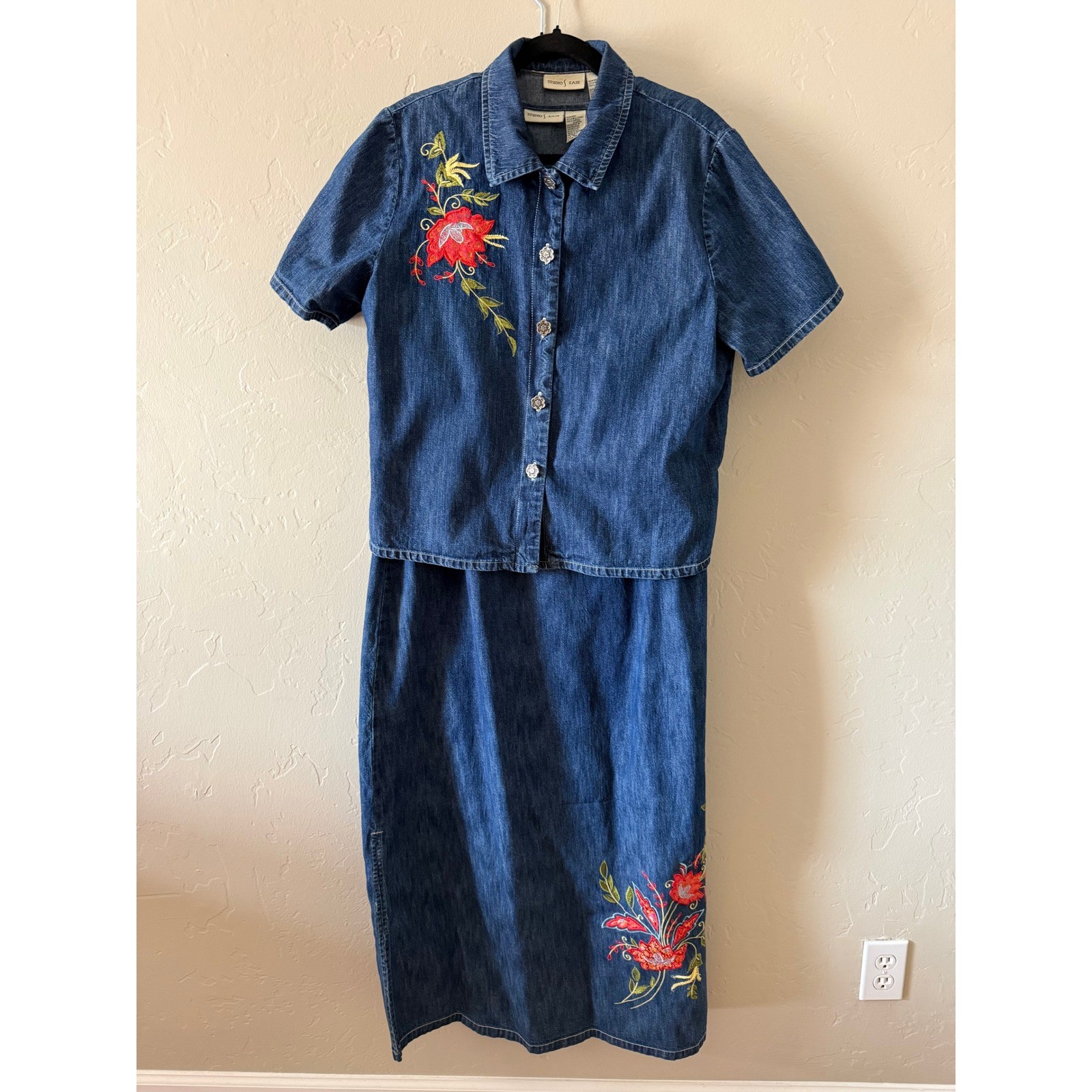 Studio Ease Denim Dress Jacket Set Size 16 Embroidered Floral 2 Piece Blue