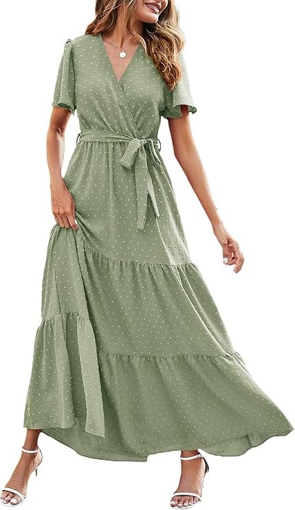 Women’s Boho Swiss Dot Maxi Dress V-Neck Flutter Sleeve Casual – Green, size XL