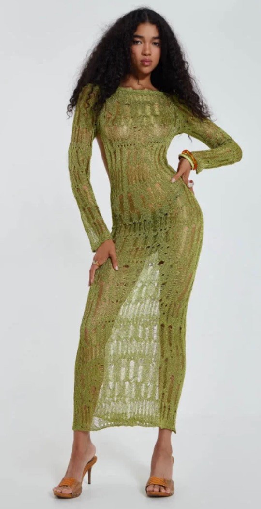 Jaded London Size Medium Umbra Moss Green Knit Metallic Long Sleeve Maxi Dress