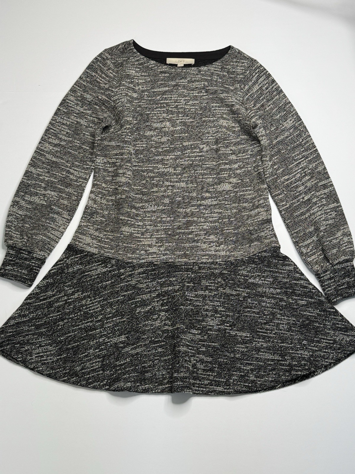 LOFT Womens XS Black Gray Marled Knit Fit Flare Sweater Dress Long Sleeve