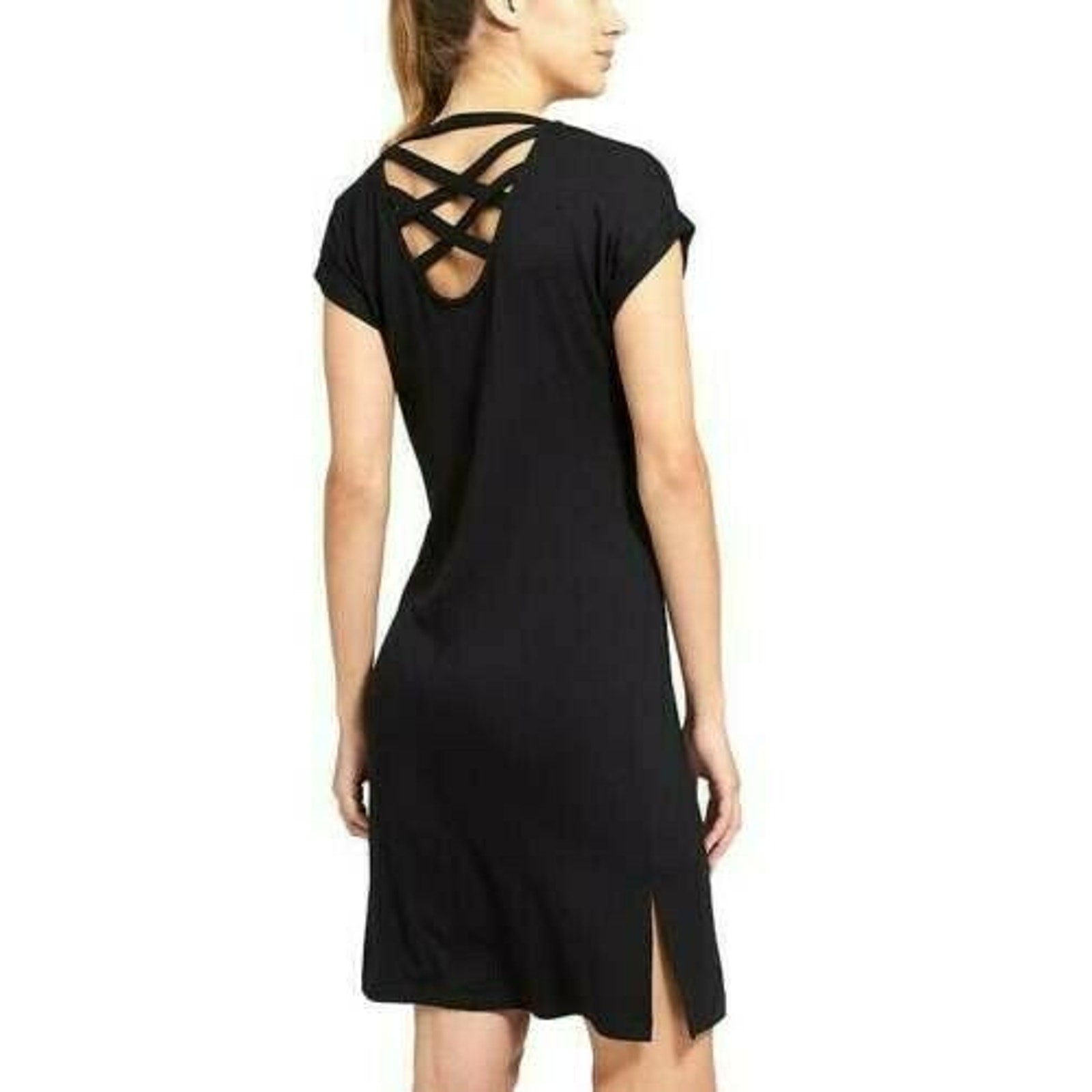 Athleta Crossback Sweatshirt Dress M Black Short Sleeve Side Slits Modal Women’s