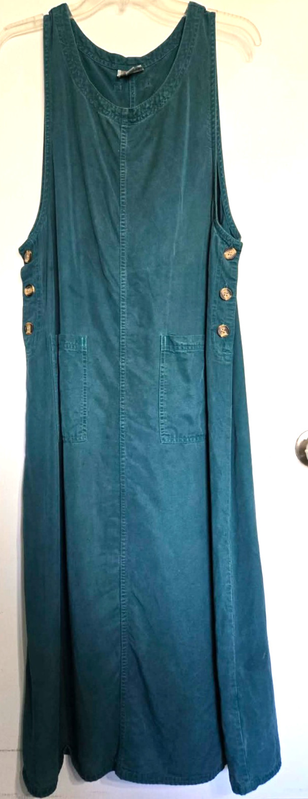Amy K Su AKS Tencel Pinafore Jumper Maxi Buttoned Pockets Green Dress L Pet A900