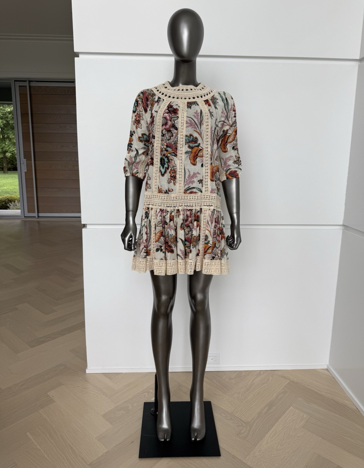 ZIMMERMANN Floral 100% Cotton Crochet Trim Round Neck 3/4 Sleeve Mini Sz 1