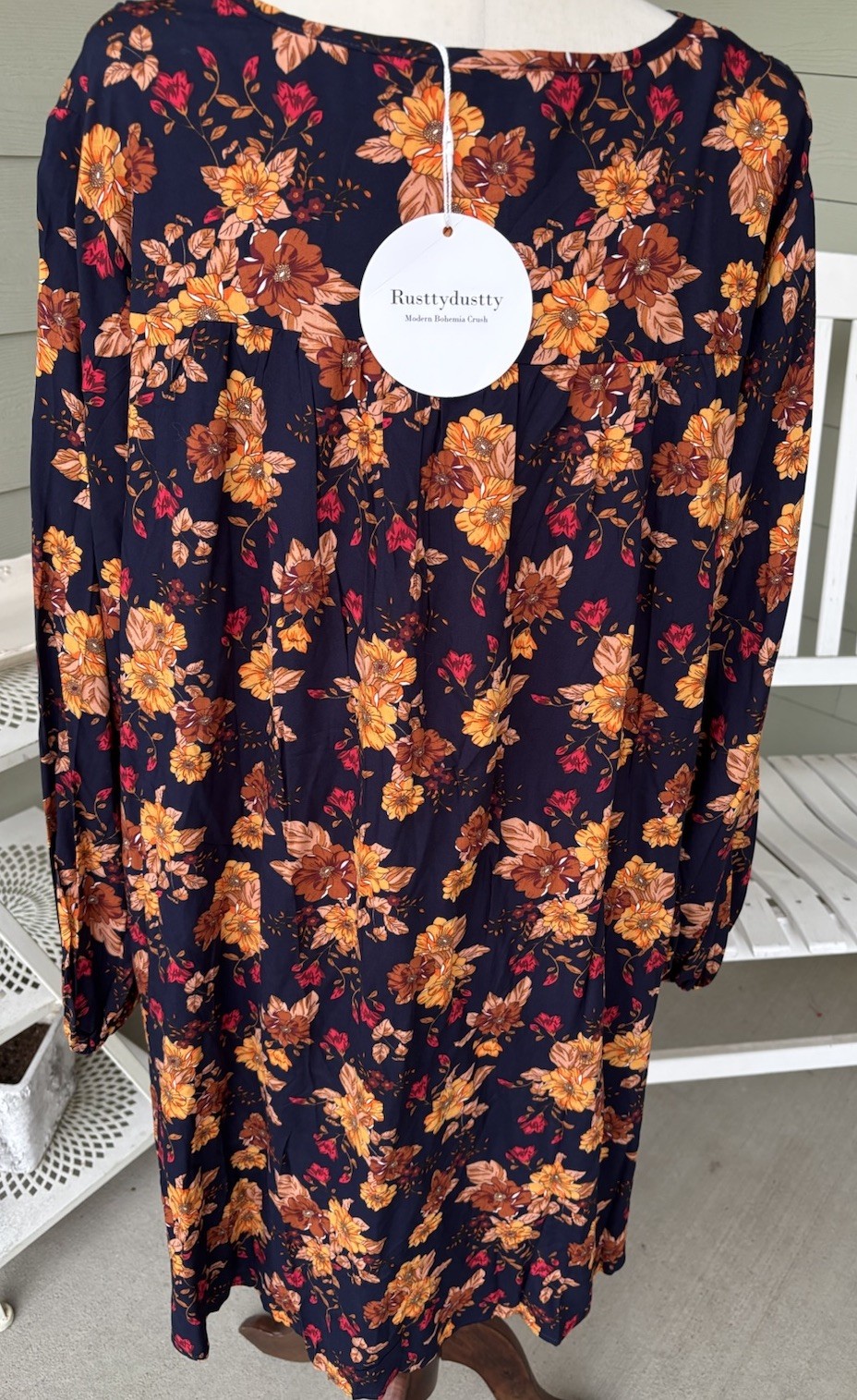 NWT Rusttydustty Dress Womens 1X Boho Long Sleeve Navy Floral V Neck Botique
