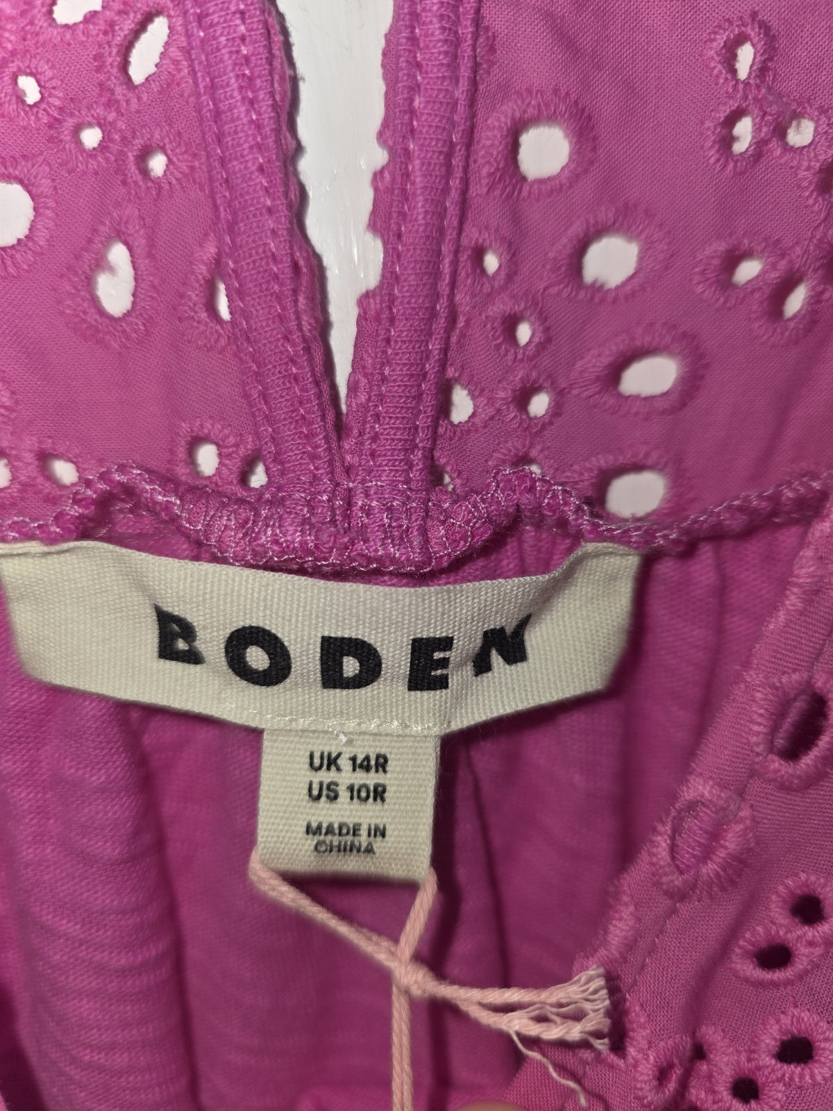 Boden Pink Cotton Eyelet Flutter Sleeve Round Neck Midi T-Shirt Dress 14R