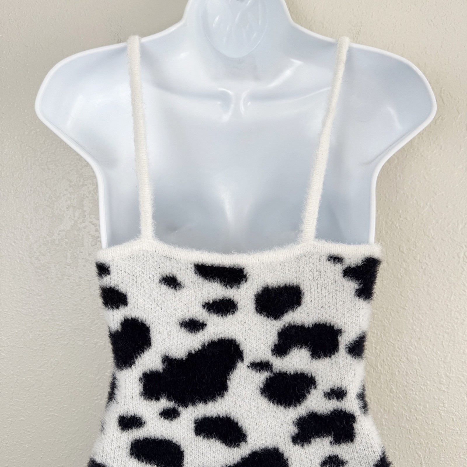 LA Hearts Cow Print Fuzzy Knit Mini Dress Black White Small Sleeveless Bodycon S