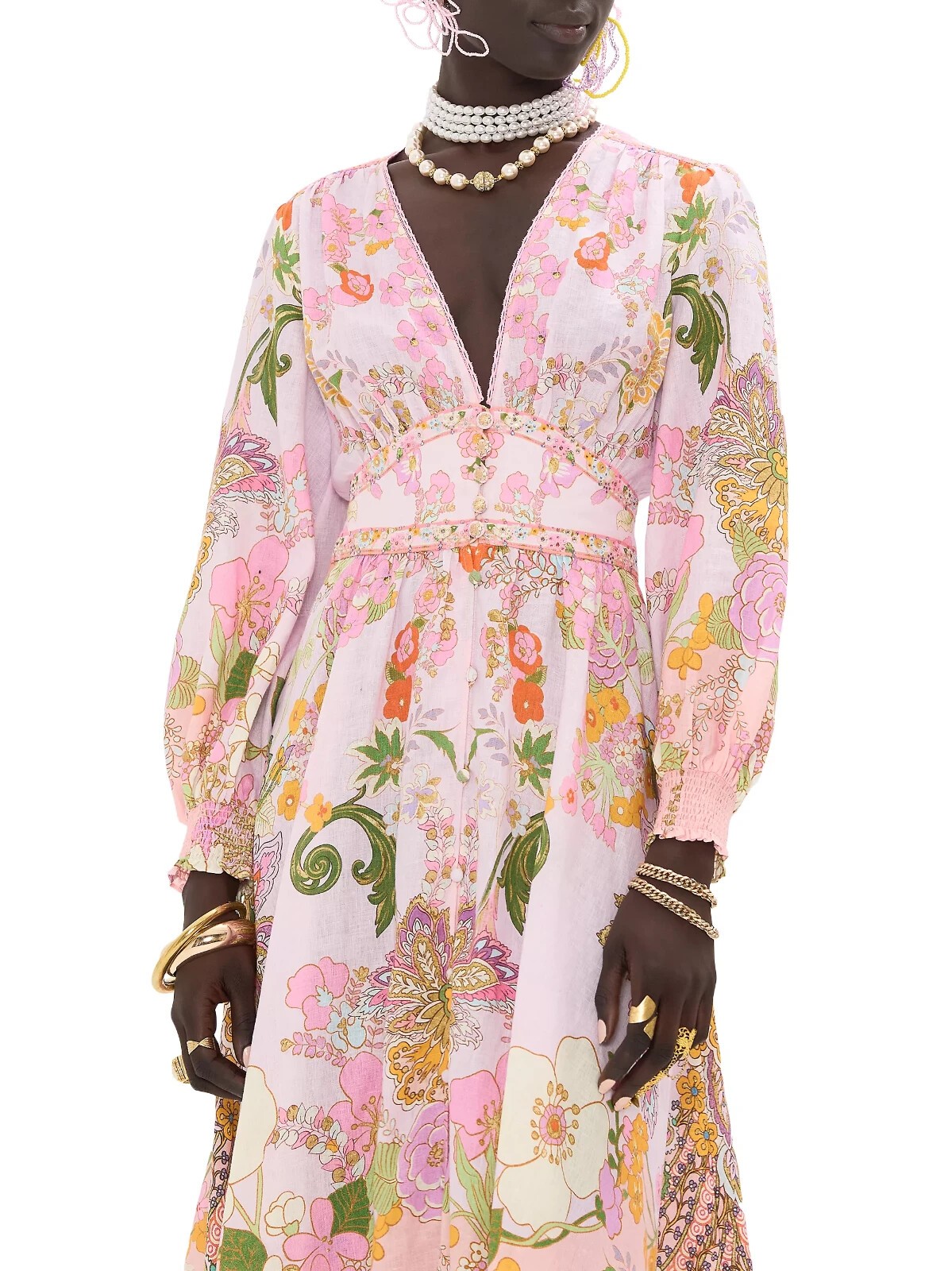 CAMILLA “Clever Clogs” Linen V-Neck Empire Waist Floral Smocked Maxi Dress, M