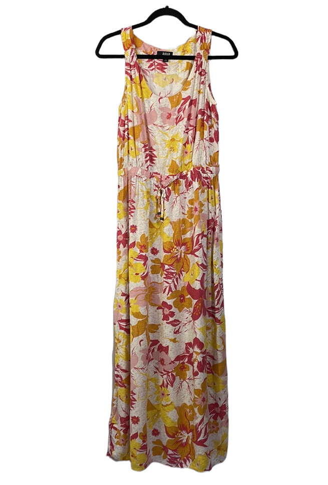 A.n.a. Maxi Dress M Tropical Floral Print Sleeveless Elastic Drawstring Waist