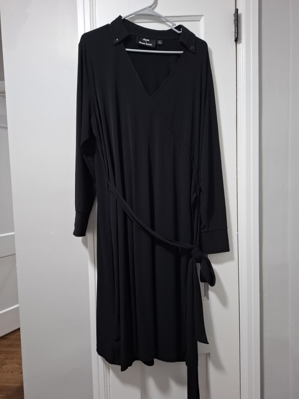 DENNIS by dennis basso Black Solid Long Sleeve V-Neck Wrap Belted Dress 1X