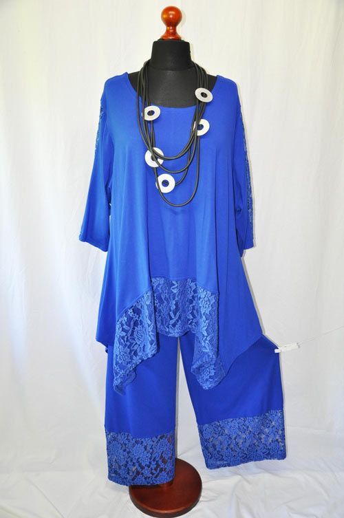 Lagenlook A Line Oversized Zip Tunic Jersey + Lace Royal Blue 48,50,52,54