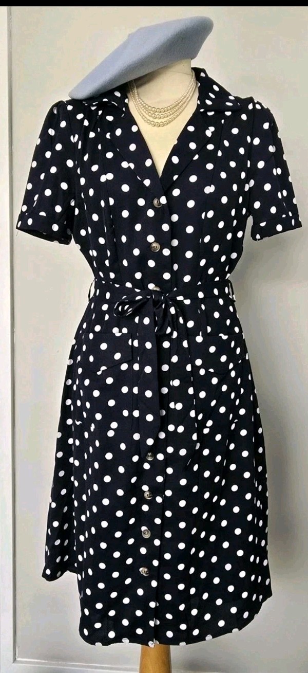 Vintage 1940s 1950s style Navy Blue polka dot Utility day dress Size 10 pockets