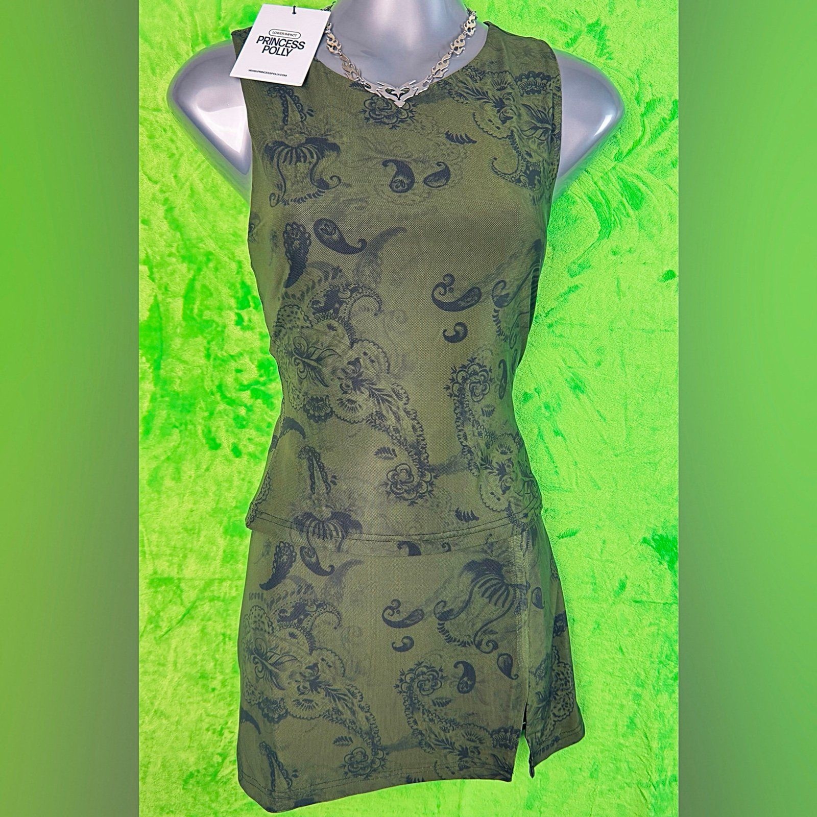 Princess Polly Mesh Set – Tank Skirt Green Paisley NWT Size 6 Y2K Fairy Grunge