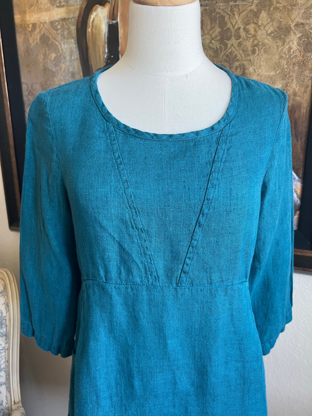 Dressed in FLAX Midi Dress Size SP Teal Blue Linen 100% Linen