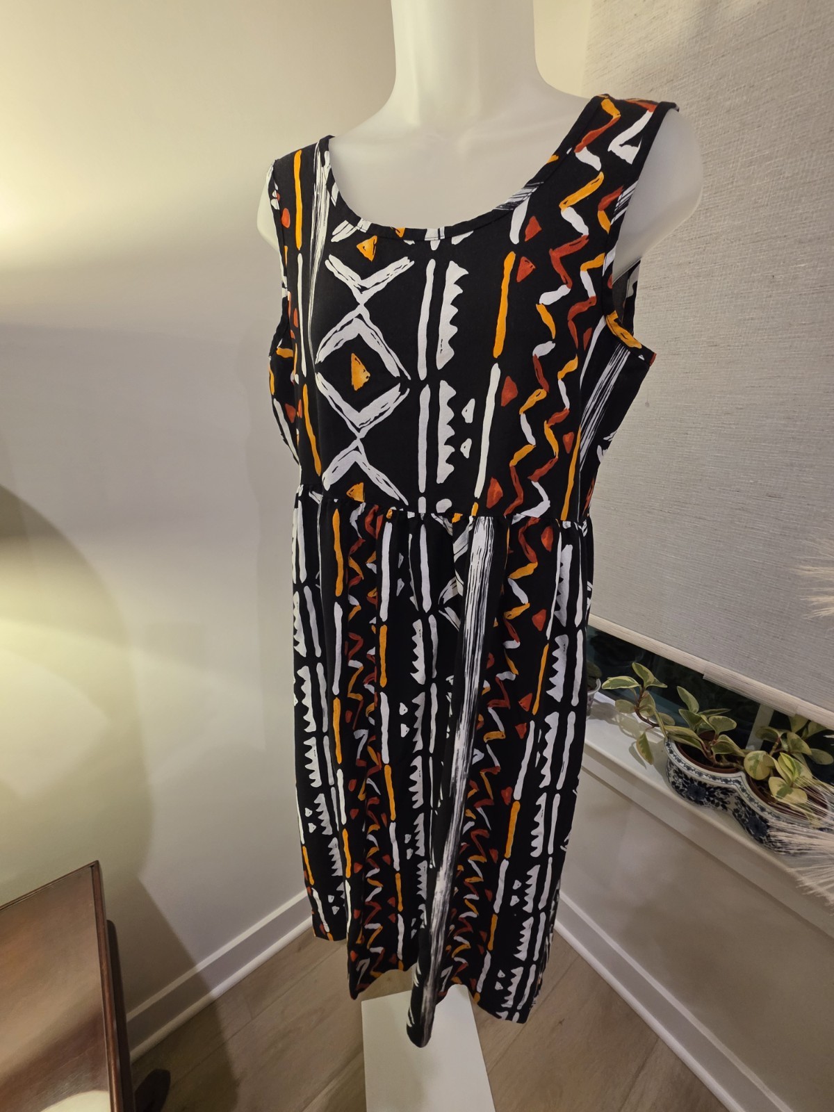 Midi Sun Dress Black Orange White Geometric Print Sleeveless M VTG