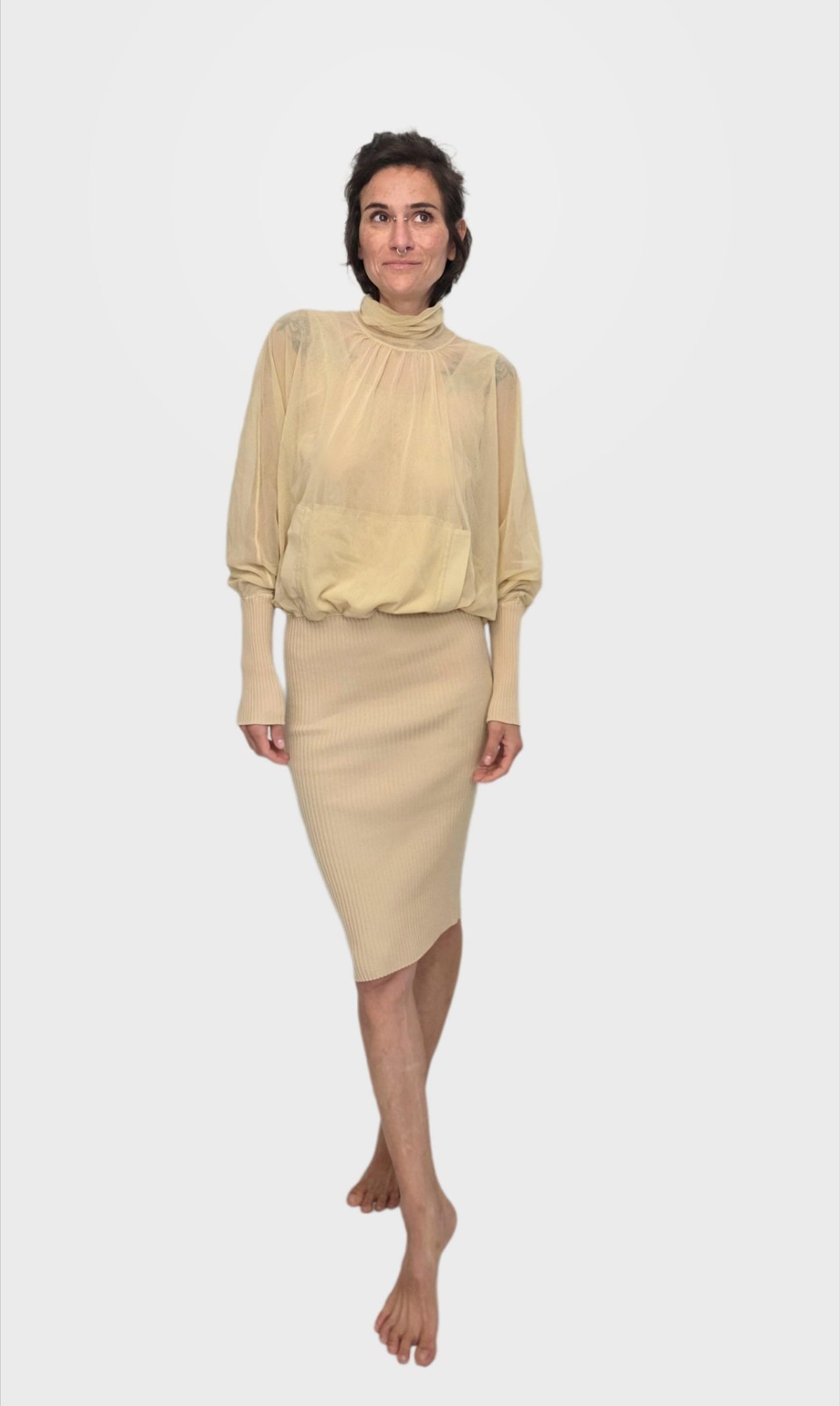 Jean Paul Gaultier Soleil Mesh Knit Dress | Vintage Nude Bodycon Midi | Sheer…