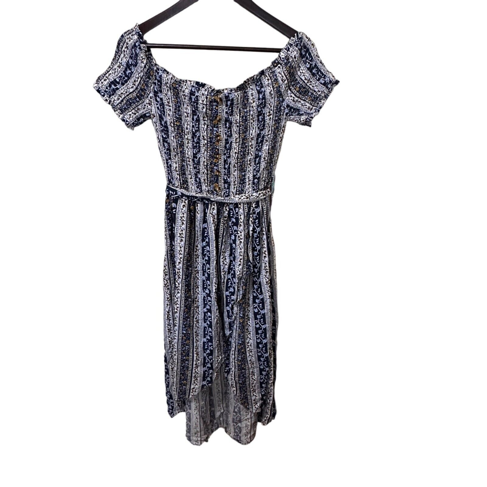 Justify Juniors Floral Hi-Low Boho Dress Size Large Off-Shoulder Button Front
