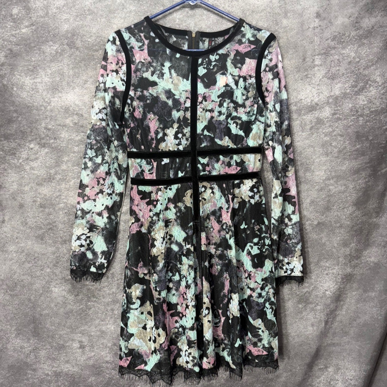 Fire Los Angeles Lace Overlay Floral Print Long Sleeve Dress Size L Whimsigoth